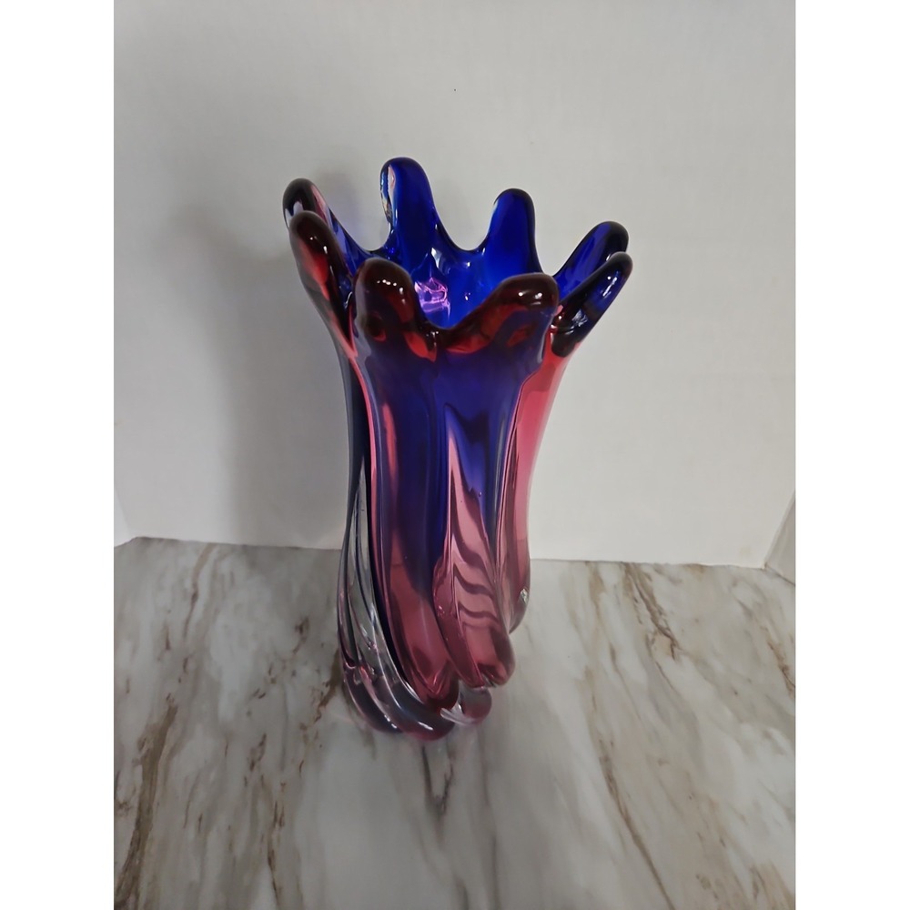 Art Glass Vase Purple Pink Blue Cased Glass 10 3/4" Swirl Heavy